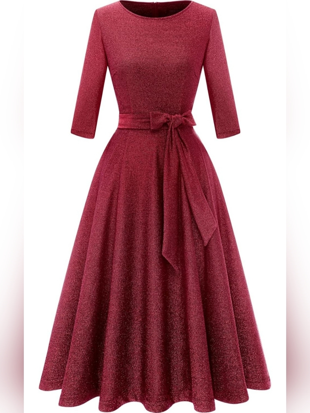 NWOT Womens Red Shimmer Fit & Flare Midi Dress with Belt - S- Holiday, Modest